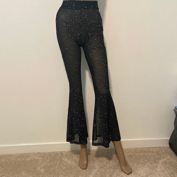 high waist small black sheer mesh studded flare leg pant club rave P2 4559 - Picture 10 of 11